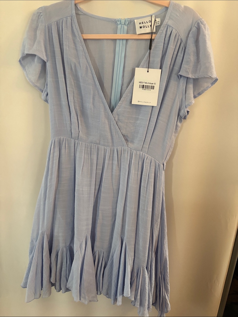 Hello Molly Pale Blue Ruffle-Hem Wrap Mini Dress